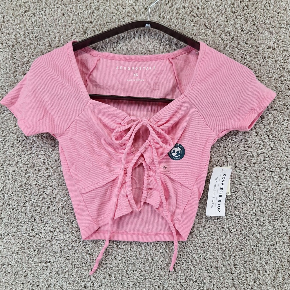Aeropostale Convertible Top Womens XS Pink Lace Up Ribbed Cropped Y2K Cute NWT
